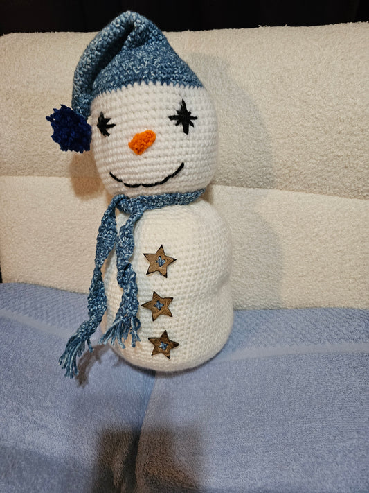 Large Crochet Snowman w/multi blue scarf