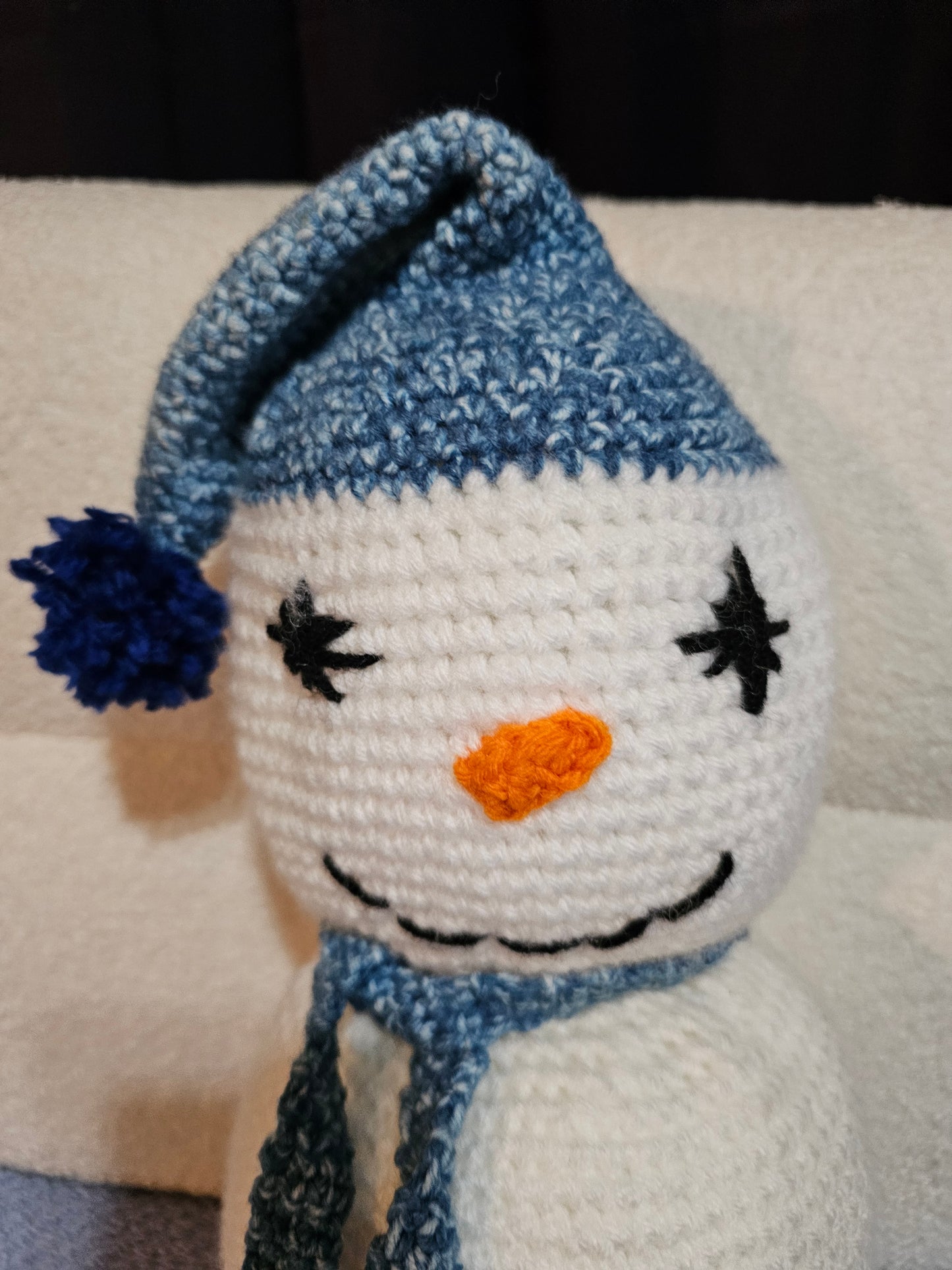 Large Crochet Snowman w/multi blue scarf