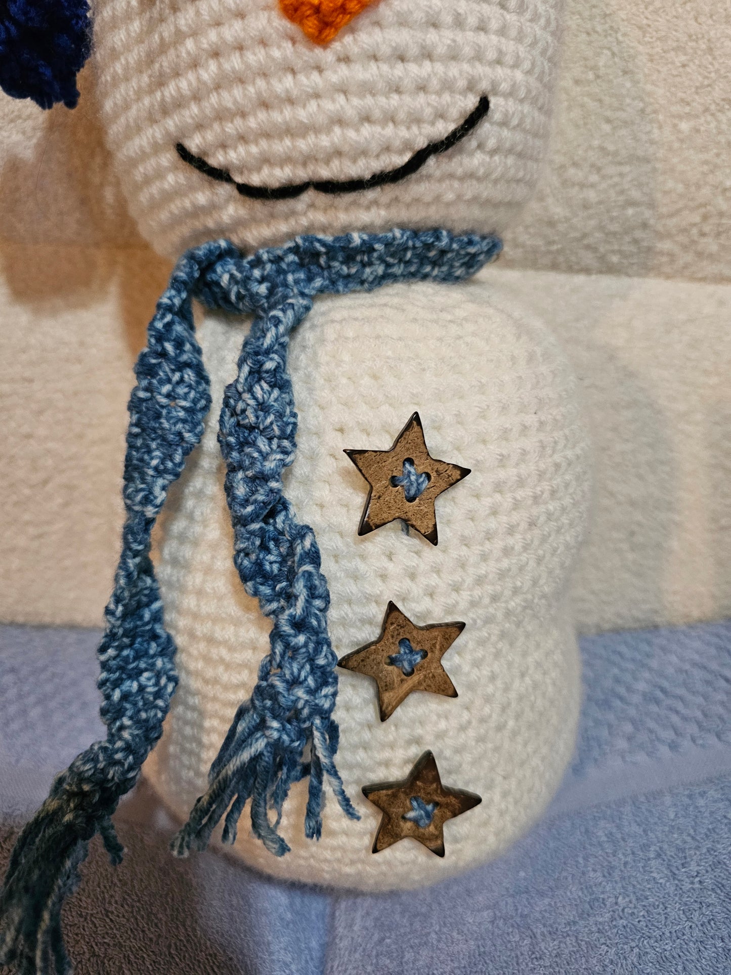 Large Crochet Snowman w/multi blue scarf