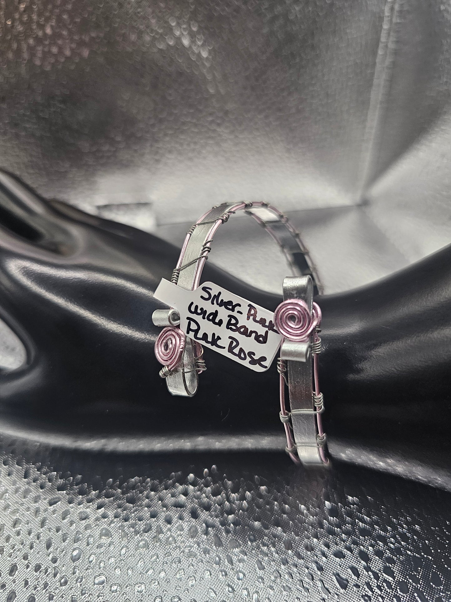 Silver & Pink Wide Band Bracelet w/Pink Roses